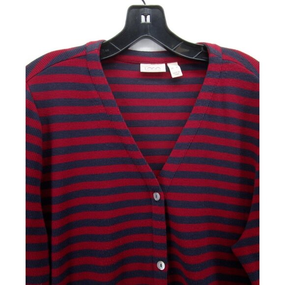 LOGO Lori Goldstein Sweater XL Red Cardigan Button Up Striped Lace - Picture 2 of 11
